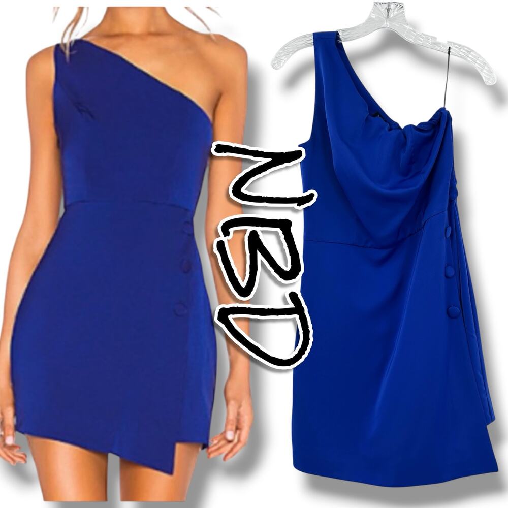 NBD Tere Mini Dress Cobalt Blue One Shoulder Draped Cocktail Party M Revolve